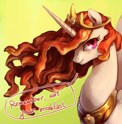 Size: 688x700 | Tagged: safe, artist:audrarius, princess celestia, g4, bacon, bacon hair, baconlestia, female, looking at you, morning ponies, portrait, smiling, solo