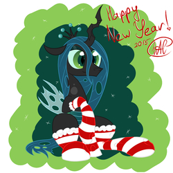 Size: 1920x1920 | Tagged: safe, artist:wan1357, queen chrysalis, g4, clothes, female, happy new year, new year, sitting, smiling, socks, solo, striped socks
