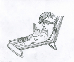 Size: 4000x3352 | Tagged: safe, artist:techarmsbu, rarity, g4, female, high res, monochrome, solo, sunglasses, tanning, tanning mirror, traditional art
