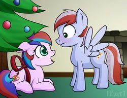 Size: 1017x786 | Tagged: safe, artist:10art1, oc, oc only, earth pony, pegasus, pony, blushing, christmas, christmas tree, cute, floppy ears, frown, nose wrinkle, open mouth, present, prone, ribbon, shipping, smiling, spread wings, tree, wavy mouth, wide eyes, wingboner