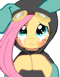 Size: 700x900 | Tagged: safe, artist:senlyo, fluttershy, pegasus, pony, g4, :c, blushing, bunny ears, clothes, costume, crying, cute, dangerous mission outfit, female, frown, goggles, hoodie, looking at you, mare, sad, sadorable, simple background, solo, white background