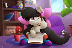 Size: 3000x2000 | Tagged: safe, artist:joey darkmeat, artist:shinodage, bon bon, derpy hooves, lyra heartstrings, octavia melody, sweetie drops, oc, spider, g4, boop box, box, canon x oc, carpet, clothes, coffee, cup, cute, female, filly, hair bow, high res, paint, paintbrush, pencil, plant, rainbow socks, rug, shelf, socks, solo, striped socks, tape, tongue out, window, younger