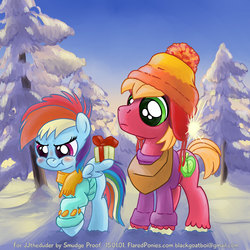 Size: 1800x1800 | Tagged: safe, artist:smudge proof, big macintosh, rainbow dash, earth pony, pony, g4, :t, blushing, clothes, commission, cute, daaaaaaaaaaaw, dashabetes, firefly (series), forest, hat, male, outdoors, present, scrunchy face, ship:rainbowmac, shipping, snow, stallion, straight, sweater, toy ship, tsunderainbow, tsundere, young, younger