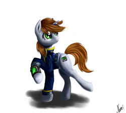 Size: 2000x1800 | Tagged: safe, artist:nemo2d, oc, oc only, oc:littlepip, pony, unicorn, fallout equestria, clothes, fanfic, fanfic art, female, jumpsuit, mare, pipboy, pipbuck, simple background, solo, vault suit, white background