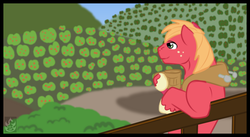 Size: 1480x810 | Tagged: safe, artist:stormblaze-pegasus, big macintosh, earth pony, pony, g4, bipedal, cider, fence, hoof hold, male, solo, sweet apple acres