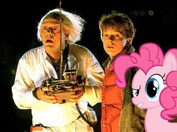 Size: 399x298 | Tagged: safe, pinkie pie, earth pony, pony, g4, back to the future, christopher lloyd, doc brown, irl, marty mcfly, michael j. fox, photo, ponies in real life