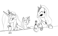 Size: 1011x617 | Tagged: safe, artist:spacehunt, princess celestia, princess luna, twilight sparkle, alicorn, pony, g4, bar, drink heresy, drinks of unknown origin, female, heresy, mare, monochrome, sketch, twilight sparkle (alicorn), war hammer, weapon