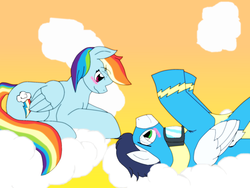 Size: 900x675 | Tagged: safe, artist:goldflygon, rainbow dash, soarin', g4, blushing, cloud, cloudy, female, male, ship:soarindash, shipping, straight