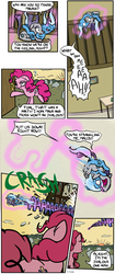 Size: 600x1433 | Tagged: safe, artist:foudubulbe, maud pie, pinkie pie, trixie, pony, unicorn, comic:damp rocks, g4, comic, female, lesbian, levitation, magic, mare, ship:mauxie, shipping, speech bubble