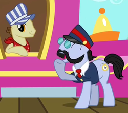 Size: 443x391 | Tagged: safe, screencap, all aboard, steamer, earth pony, pony, g4, the last roundup, conductor, duo, duo male, eyes closed, glasses, male, stallion, train conductor