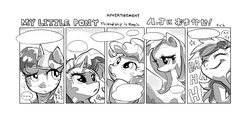 Size: 1200x571 | Tagged: safe, artist:juubee, fluttershy, pinkie pie, rainbow dash, rarity, twilight sparkle, g4, japanese, monochrome