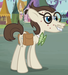Size: 382x421 | Tagged: safe, screencap, gizmo, earth pony, pony, g4, putting your hoof down, acne, background pony, bowtie, bucktooth, butt, cropped, glasses, gyro, male, plot, saddle bag, solo, stallion, zit