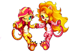 Size: 3666x2555 | Tagged: safe, artist:jacky-bunny, adagio dazzle, sunset shimmer, equestria girls, g4, my little pony equestria girls: rainbow rocks, :p, adoragio, bell, bow, catsuit, claws, clothes, costume, cute, fangs, high res, kigurumi, nyanset shimmer, open mouth, pajamas, paw pads, paws, ribbon, shimmerbetes, simple background, tiger print, tiger stripes, tongue out, transparent background, wink