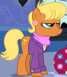 Size: 307x354 | Tagged: safe, screencap, ms. harshwhinny, earth pony, pony, g4, games ponies play, clothes, cropped, female, mare, solo, suit, suitcase, tired