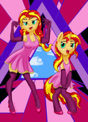 Size: 1664x2304 | Tagged: safe, artist:snapai, sunset shimmer, human, pony, unicorn, equestria girls, g4, bipedal, breasts, cleavage, clothes, commission, dress, female, human ponidox, me!me!me!, self ponidox, socks