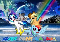 Size: 2079x1473 | Tagged: safe, artist:darhtfogg, applejack, dj pon-3, octavia melody, princess celestia, princess luna, queen chrysalis, rainbow dash, vinyl scratch, alicorn, earth pony, pegasus, pony, unicorn, g4, crossover, flying, photoshop, planet, stars, super mario bros., super mario galaxy, wallpaper