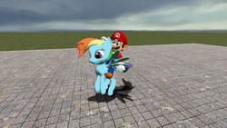 Size: 1280x720 | Tagged: safe, artist:great-5, rainbow dash, pony, g4, 3d, crossover, duo, female, field, gmod, male, mare, maridash, mario, overcast, riding, riding a pony, super mario bros.