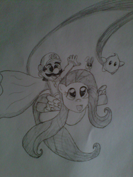 Size: 1024x1365 | Tagged: safe, artist:nintendostarknight, angel bunny, fluttershy, human, luma, pegasus, pony, rabbit, g4, :d, angel riding fluttershy, animal, cape, cape mario, clothes, crossover, female, male, mare, mario, mario bros riding fluttershy, monochrome, open mouth, photo, power-up, rabbits riding ponies, riding, smiling, super mario bros., super mario galaxy, super mario galaxy 2, super mario world, traditional art, two riding one