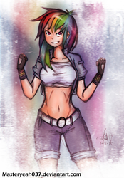 Size: 2129x3063 | Tagged: safe, artist:oyedraws, rainbow dash, human, g4, bandeau, belly button, clothes, female, fingerless gloves, gloves, high res, humanized, midriff, solo