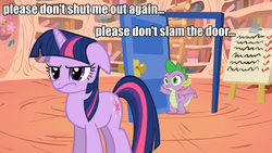 Size: 880x495 | Tagged: safe, edit, edited screencap, screencap, spike, twilight sparkle, dragon, pony, unicorn, g4, caption, female, frozen (movie), image macro, male, mare, meme, reference, text