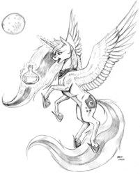 Size: 1100x1370 | Tagged: safe, artist:baron engel, princess luna, alicorn, pony, g4, female, flying, grayscale, hoof shoes, literal, magic, mare, monochrome, moon, moonshine, pencil drawing, peytral, solo, telekinesis, traditional art