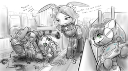 Size: 1659x913 | Tagged: dead source, safe, artist:alloyrabbit, oc, oc only, oc:p.o.n.e., oc:ultramare, earth pony, pony, city, crushing, game, macro, partial color