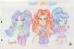 Size: 1024x683 | Tagged: safe, artist:queentigrel, adagio dazzle, aria blaze, sonata dusk, equestria girls, g4, my little pony equestria girls: rainbow rocks, microphone, sketch, the dazzlings, traditional art