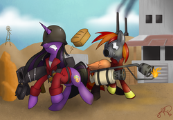 Size: 1922x1340 | Tagged: safe, artist:jorobro, oc, oc only, black box, bread, flamethrower, pyro (tf2), rocket launcher, soldier, soldier (tf2), team fortress 2, weapon