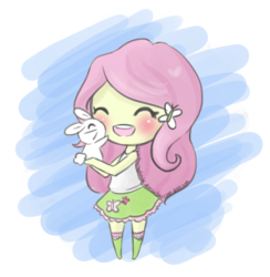 Size: 500x513 | Tagged: safe, artist:theuntouchedmilk, angel bunny, fluttershy, equestria girls, g4, blushing, chibi, cute, eyes closed, female, happy, hug, open mouth, shyabetes, smiling, solo