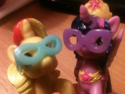 Size: 1280x960 | Tagged: safe, sunset shimmer, twilight sparkle, alicorn, pony, g4, official, 1000 shots to get the perfect photograph, accessory swap, blind bag, female, irl, mare, photo, toy, twilight sparkle (alicorn)