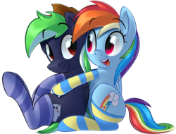 Size: 1510x1145 | Tagged: safe, artist:january3rd, rainbow dash, oc, oc:moonlit ace, g4, canon x oc, clothes, cowboy hat, cute, dashabetes, duo, hat, hug, hug from behind, simple background, socks, stetson, striped socks, transparent background