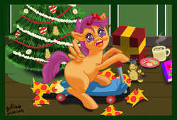 Size: 1590x1080 | Tagged: safe, artist:billieh01, scootaloo, g4, adoracreepy, christmas tree, creepy, cute, derp, female, gap teeth, hearth's warming, looking at you, nightmare face, nightmare fuel, open mouth, scooter, smiling, solo, tooth gap, tree, younger