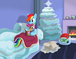 Size: 3300x2550 | Tagged: safe, artist:south-fur, daring do, rainbow dash, scootaloo, tank, pegasus, pony, g4, blanket, book, box, christmas, christmas tree, cloud, couch, fire, fireplace, hat, hearth's warming eve, high res, holiday, ice, photos, picture frame, plushie, present, rainbow dash plushie, reading, santa hat, scootalove, sleeping, snow, snowflake, tree