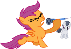 Size: 6000x4165 | Tagged: safe, artist:sir-teutonic-knight, rumble, scootaloo, pegasus, g4, absurd resolution, colt, dramatic pose, eyes closed, female, filly, foal, male, microphone, simple background, transparent background, vector