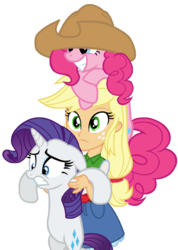 Size: 794x1116 | Tagged: safe, artist:dilemmas4u, applejack, pinkie pie, rarity, human, pony, equestria girls, g4, accessory swap, floppy ears, frown, grin, gritted teeth, holding a pony, pinkie pie riding applejack, ponies riding humans, pony hat, riding, show accurate, simple background, smiling, squee, transparent background, vector, wide eyes