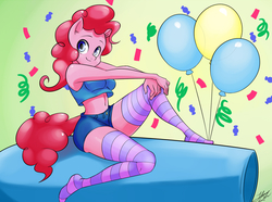 Size: 1720x1280 | Tagged: safe, artist:skecchiart, pinkie pie, earth pony, anthro, plantigrade anthro, g4, balloon, belly button, clothes, female, midriff, party cannon, socks, solo, stockings, striped socks