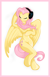 Size: 3278x5000 | Tagged: safe, artist:nicolaykoriagin, fluttershy, anthro, semi-anthro, g4, arm hooves, barbie doll anatomy, breasts, female, headphones, nudity, solo