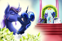 Size: 1024x683 | Tagged: safe, artist:d-lowell, princess celestia, princess luna, oc, oc:azure night, alicorn, pony, unicorn, g4, azuna, canon x oc, clothes, curved horn, dress, eye contact, eyes closed, eyeshadow, facial hair, female, goatee, horn, horn ring, jewelry, kiss on the lips, kissing, makeup, male, mare, necklace, scar, shipping, smiling, stallion, straight, wedding, wedding dress, wedding ring
