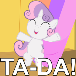 Size: 600x600 | Tagged: safe, edit, screencap, sweetie belle, pony, unicorn, g4, the show stoppers, bipedal, caption, cute, diasweetes, dumb fabric, eyes closed, fabric, female, filly, image macro, open mouth, smiling, solo