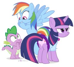 Size: 960x870 | Tagged: safe, artist:dm29, rainbow dash, spike, twilight sparkle, dragon, pegasus, pony, g4, clothes, disgruntled, equestria girls outfit, female, grin, heart, heart print underwear, inconvenient tail, laughing, male, mare, panties, panty shot, pink underwear, simple background, skirt, skirt lift, teasing, transparent background, trio, twilight sparkle is not amused, unamused, underwear, upskirt