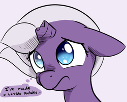 Size: 634x508 | Tagged: safe, artist:artguydis, oc, oc only, oc:disastral, pony, unicorn, ask disastral, broken horn, caption, floppy ears, frown, horn, reaction image, sad, solo, thought bubble, tumblr