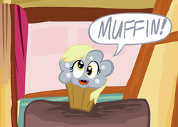 Size: 965x688 | Tagged: safe, artist:ultrathehedgetoaster, derpy hooves, pegasus, pony, g4, derpy is a muffin, dialogue, female, inanimate tf, mare, muffin, solo, transformation