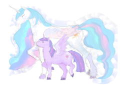 Size: 1936x1315 | Tagged: safe, artist:orca01, princess celestia, twilight sparkle, alicorn, pony, g4, eyes closed, female, fluffy, frown, hoers, mare, pixiv, size difference, smiling, spread wings, twilight sparkle (alicorn), unshorn fetlocks, walking, worried