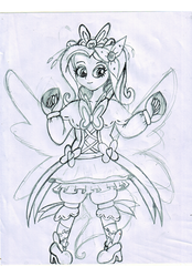 Size: 1024x1470 | Tagged: safe, artist:pokecure123, fluttershy, equestria girls, g4, crossover, cure kindness, fanart, female, precure, sketch, solo, traditional art