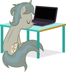 Size: 6400x6998 | Tagged: safe, artist:parclytaxel, oc, oc only, oc:absent mind, pony, unicorn, .svg available, absurd resolution, blank flank, computer, disguise, laptop computer, simple background, sitting, sleeping, solo, sticky note, table, transparent background, vector