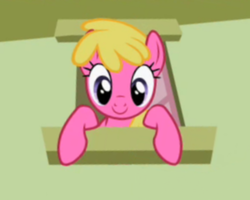 Size: 600x480 | Tagged: safe, edit, edited screencap, screencap, cherry berry, pony, g4, the mysterious mare do well, background pony, c:, cherrybetes, cute, female, leaning, looking at you, looking down, smiling, solo, window