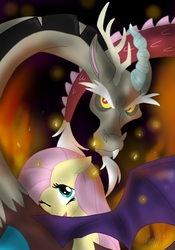 Size: 748x1069 | Tagged: dead source, safe, artist:fluffygerbil, discord, fluttershy, g4, female, male, protecting, ship:discoshy, shipping, straight