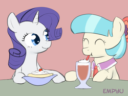 Size: 1000x750 | Tagged: safe, artist:empyu, coco pommel, rarity, earth pony, pony, g4, banana split, duo, milkshake