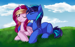 Size: 1024x645 | Tagged: safe, artist:xnightmelody, oc, oc only, oc:aurora nova, oc:fifth element, pony, unicorn, auroment, cheek kiss, duo, female, horn, kissing, male, oc x oc, shipping, straight, unicorn oc