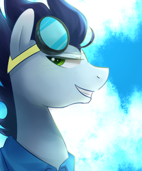 Size: 500x600 | Tagged: safe, artist:sion-ara, soarin', g4, clothes, goggles, grin, looking at you, male, shirt, smiling, solo, wonderbolts dress uniform